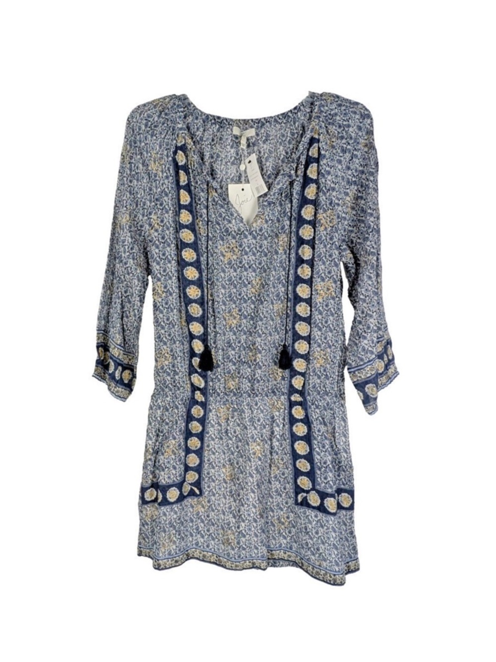 Joie Blue Patterned Boho Mini Dress with Tassel Detail
